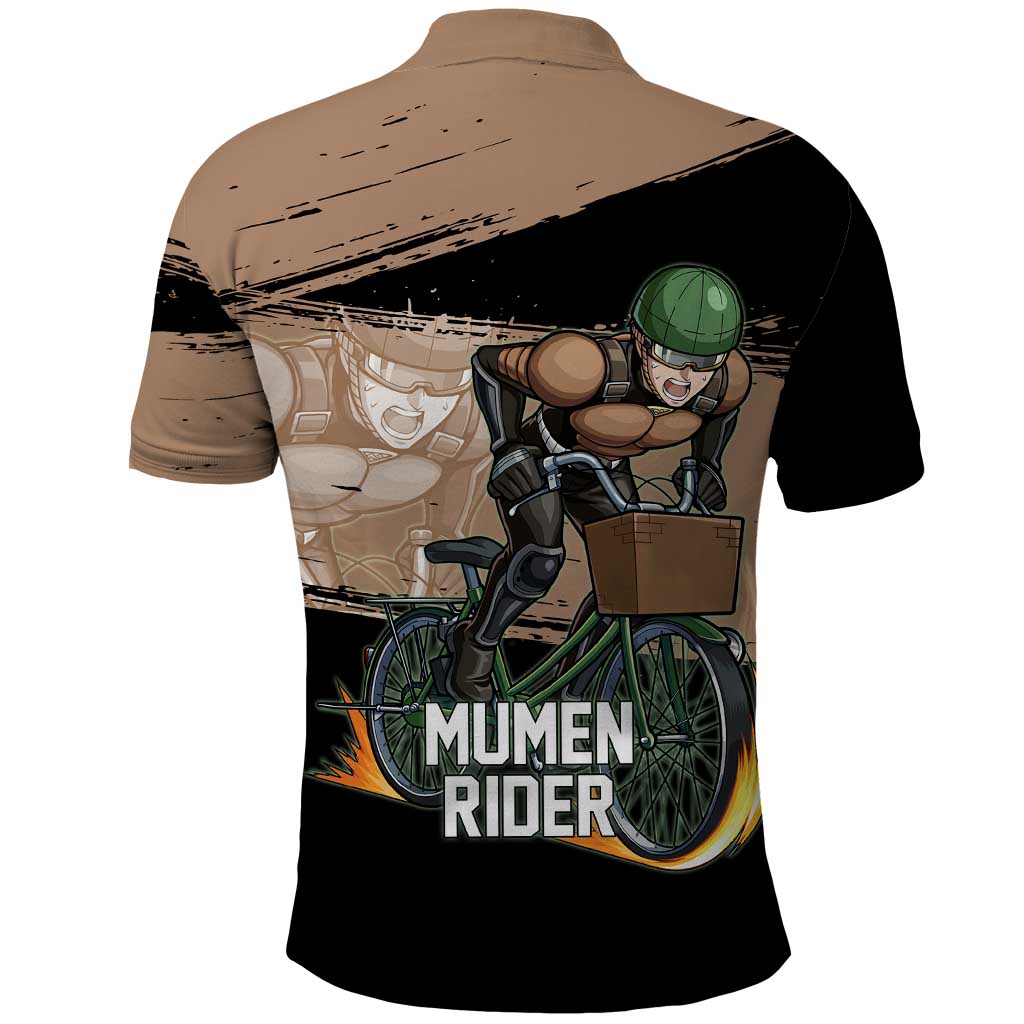 Mumen Rider One Punch Man Anime Brown and Black Polo Shirt with Bicycle Hero Pose and Inspirational Determination Design - The Mazicc