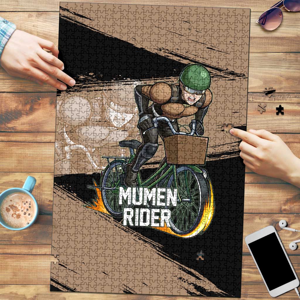 Mumen Rider One Punch Man Anime Brown and Black Puzzle with Bicycle Hero Pose and Inspirational Determination Design - The Mazicc