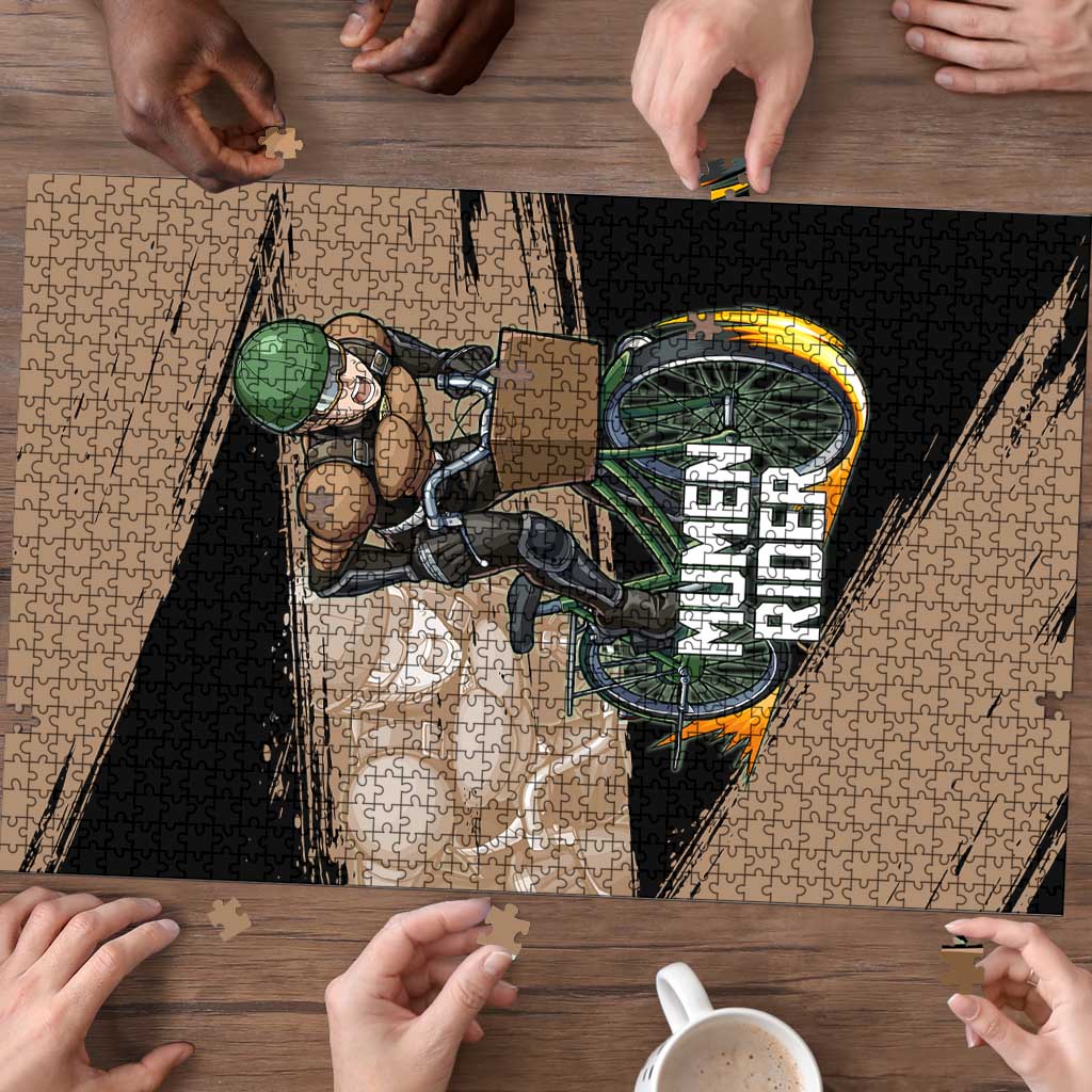 Mumen Rider One Punch Man Anime Brown and Black Puzzle with Bicycle Hero Pose and Inspirational Determination Design - The Mazicc