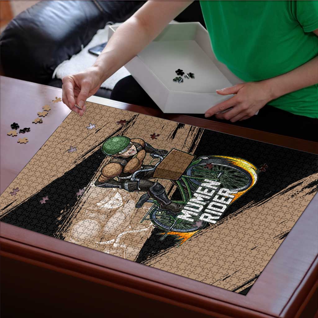 Mumen Rider One Punch Man Anime Brown and Black Puzzle with Bicycle Hero Pose and Inspirational Determination Design - The Mazicc