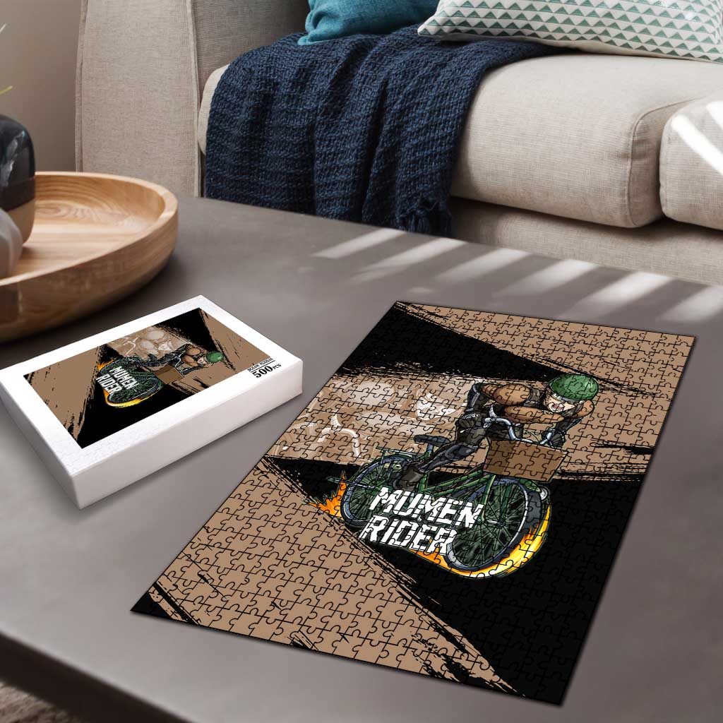Mumen Rider One Punch Man Anime Brown and Black Puzzle with Bicycle Hero Pose and Inspirational Determination Design - The Mazicc