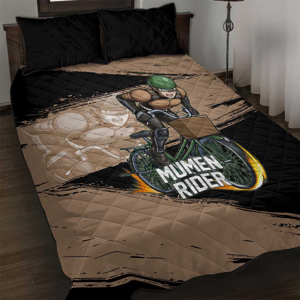 Mumen Rider One Punch Man Anime Brown and Black Quilt Bed Set with Bicycle Hero Pose and Inspirational Determination Design - The Mazicc