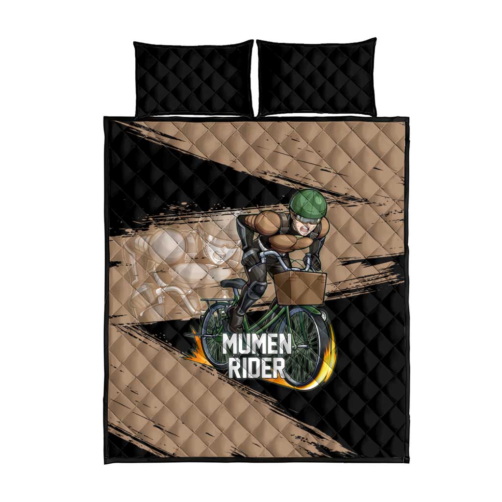 Mumen Rider One Punch Man Anime Brown and Black Quilt Bed Set with Bicycle Hero Pose and Inspirational Determination Design - The Mazicc