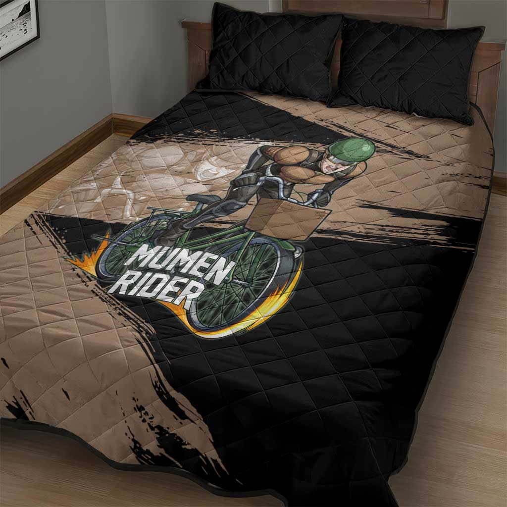 Mumen Rider One Punch Man Anime Brown and Black Quilt Bed Set with Bicycle Hero Pose and Inspirational Determination Design - The Mazicc