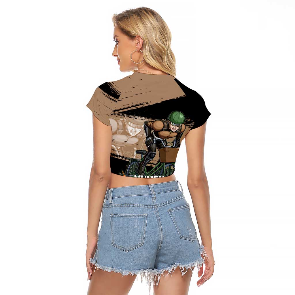 Mumen Rider One Punch Man Anime Brown and Black Raglan Cropped T Shirt with Bicycle Hero Pose and Inspirational Determination Design - The Mazicc