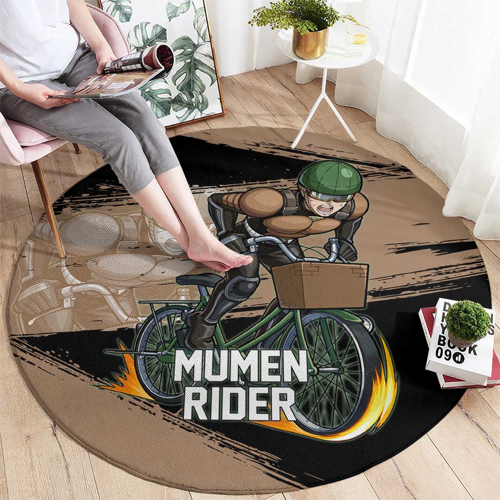 Mumen Rider One Punch Man Anime Brown and Black Round Carpet with Bicycle Hero Pose and Inspirational Determination Design - The Mazicc