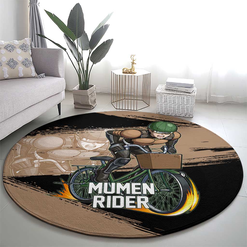 Mumen Rider One Punch Man Anime Brown and Black Round Carpet with Bicycle Hero Pose and Inspirational Determination Design - The Mazicc