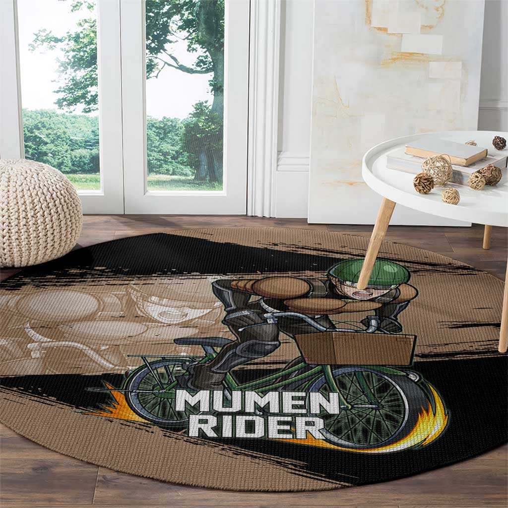 Mumen Rider One Punch Man Anime Brown and Black Round Carpet with Bicycle Hero Pose and Inspirational Determination Design - The Mazicc