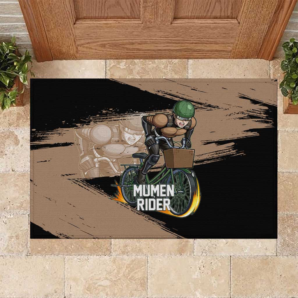 Mumen Rider One Punch Man Anime Brown and Black Rubber Doormat with Bicycle Hero Pose and Inspirational Determination Design - The Mazicc
