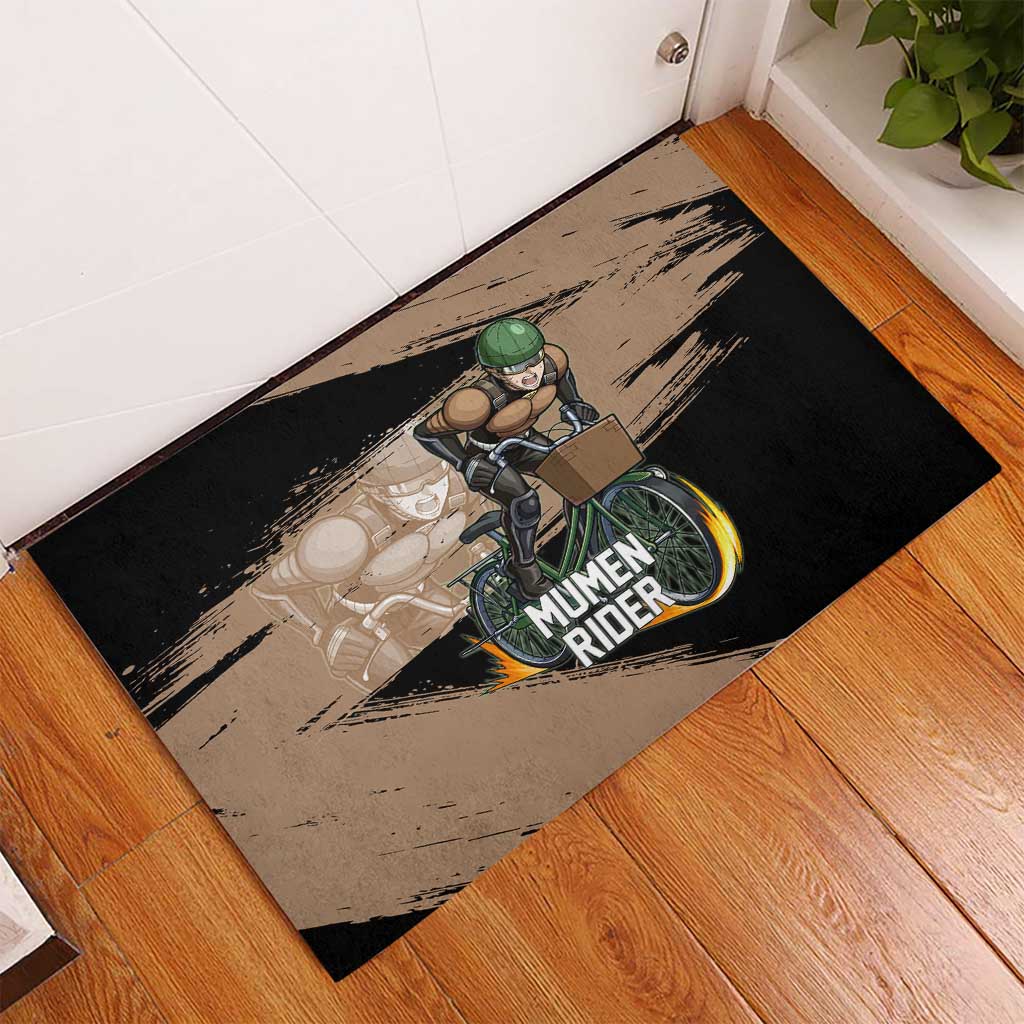 Mumen Rider One Punch Man Anime Brown and Black Rubber Doormat with Bicycle Hero Pose and Inspirational Determination Design - The Mazicc