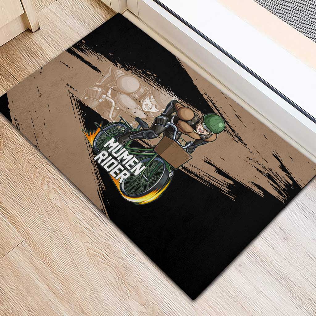 Mumen Rider One Punch Man Anime Brown and Black Rubber Doormat with Bicycle Hero Pose and Inspirational Determination Design - The Mazicc
