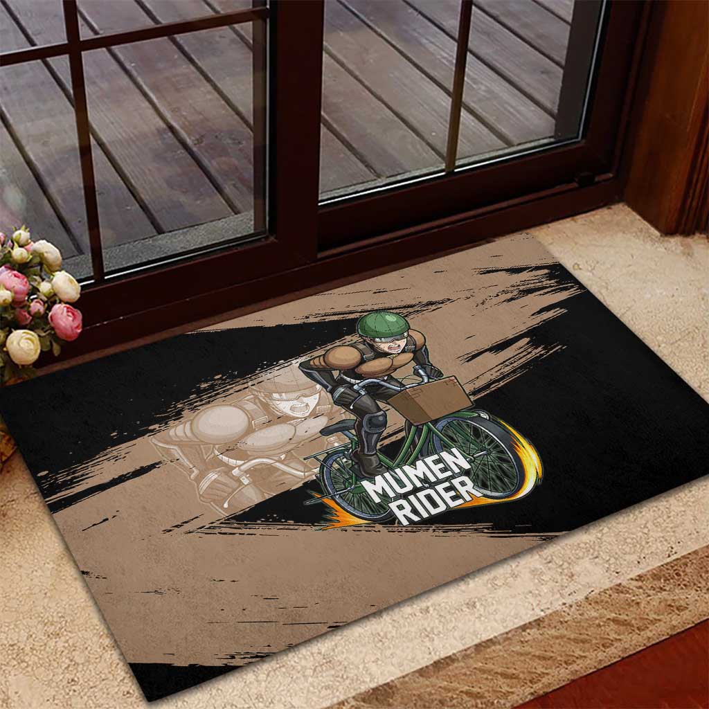 Mumen Rider One Punch Man Anime Brown and Black Rubber Doormat with Bicycle Hero Pose and Inspirational Determination Design - The Mazicc