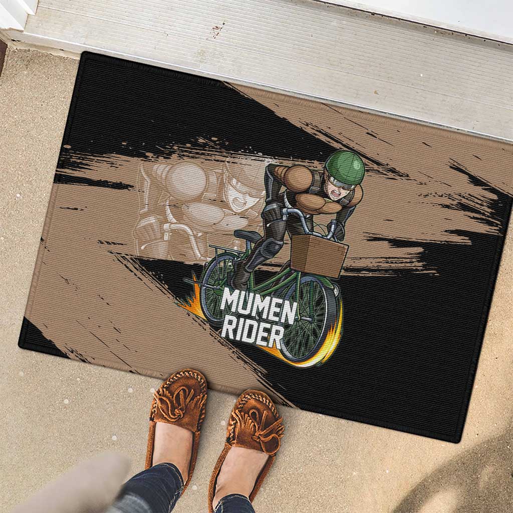 Mumen Rider One Punch Man Anime Brown and Black Rubber Doormat with Bicycle Hero Pose and Inspirational Determination Design - The Mazicc