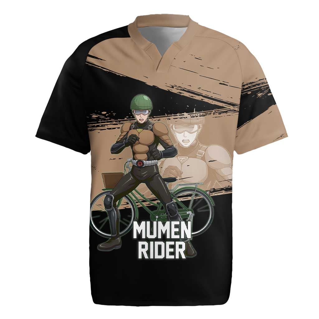 Mumen Rider One Punch Man Anime Brown and Black Rugby Jersey with Bicycle Hero Pose and Inspirational Determination Design - The Mazicc