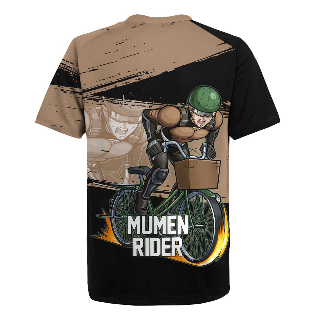 Mumen Rider One Punch Man Anime Brown and Black Rugby Jersey with Bicycle Hero Pose and Inspirational Determination Design - The Mazicc