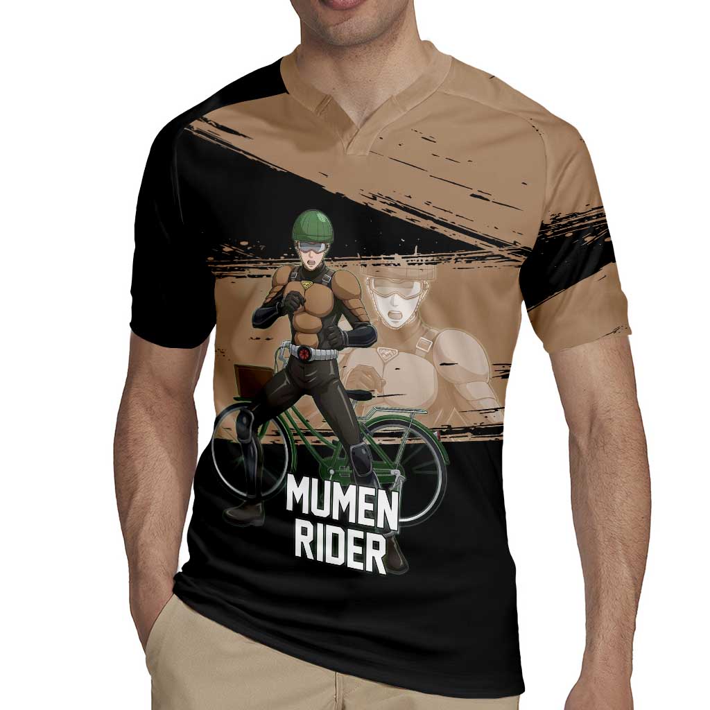 Mumen Rider One Punch Man Anime Brown and Black Rugby Jersey with Bicycle Hero Pose and Inspirational Determination Design - The Mazicc