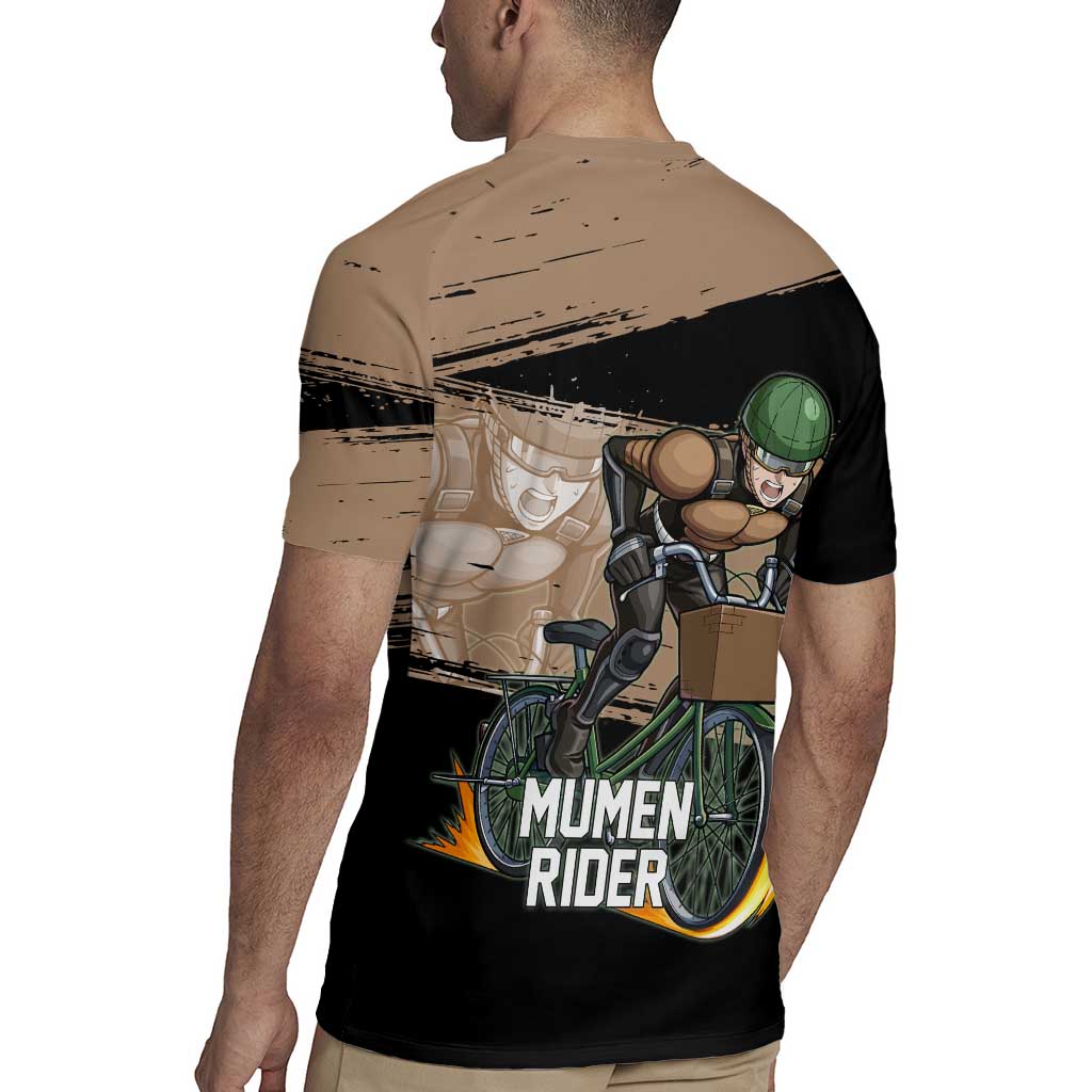 Mumen Rider One Punch Man Anime Brown and Black Rugby Jersey with Bicycle Hero Pose and Inspirational Determination Design - The Mazicc