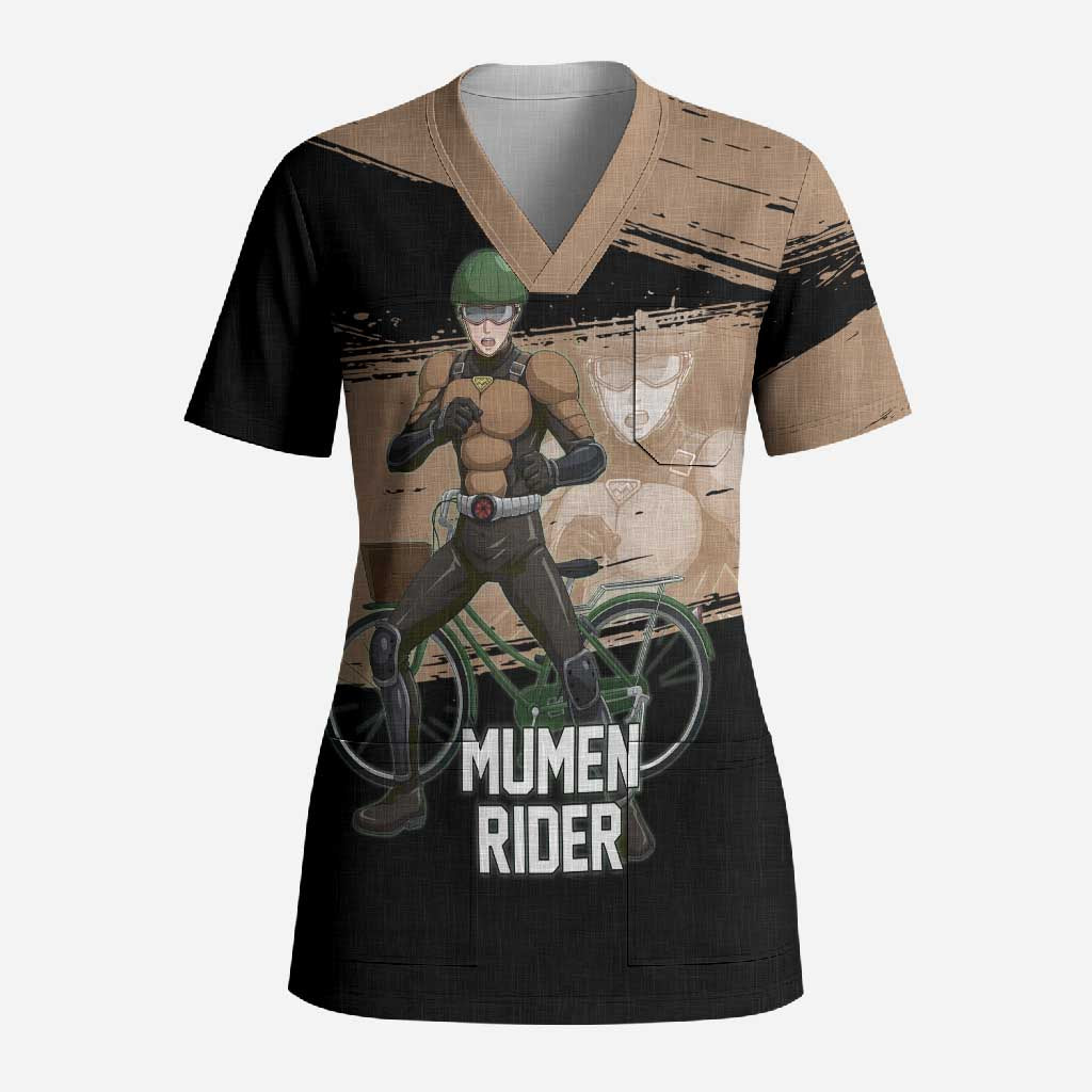 Mumen Rider One Punch Man Anime Brown and Black Scrub Top with Bicycle Hero Pose and Inspirational Determination Design - The Mazicc
