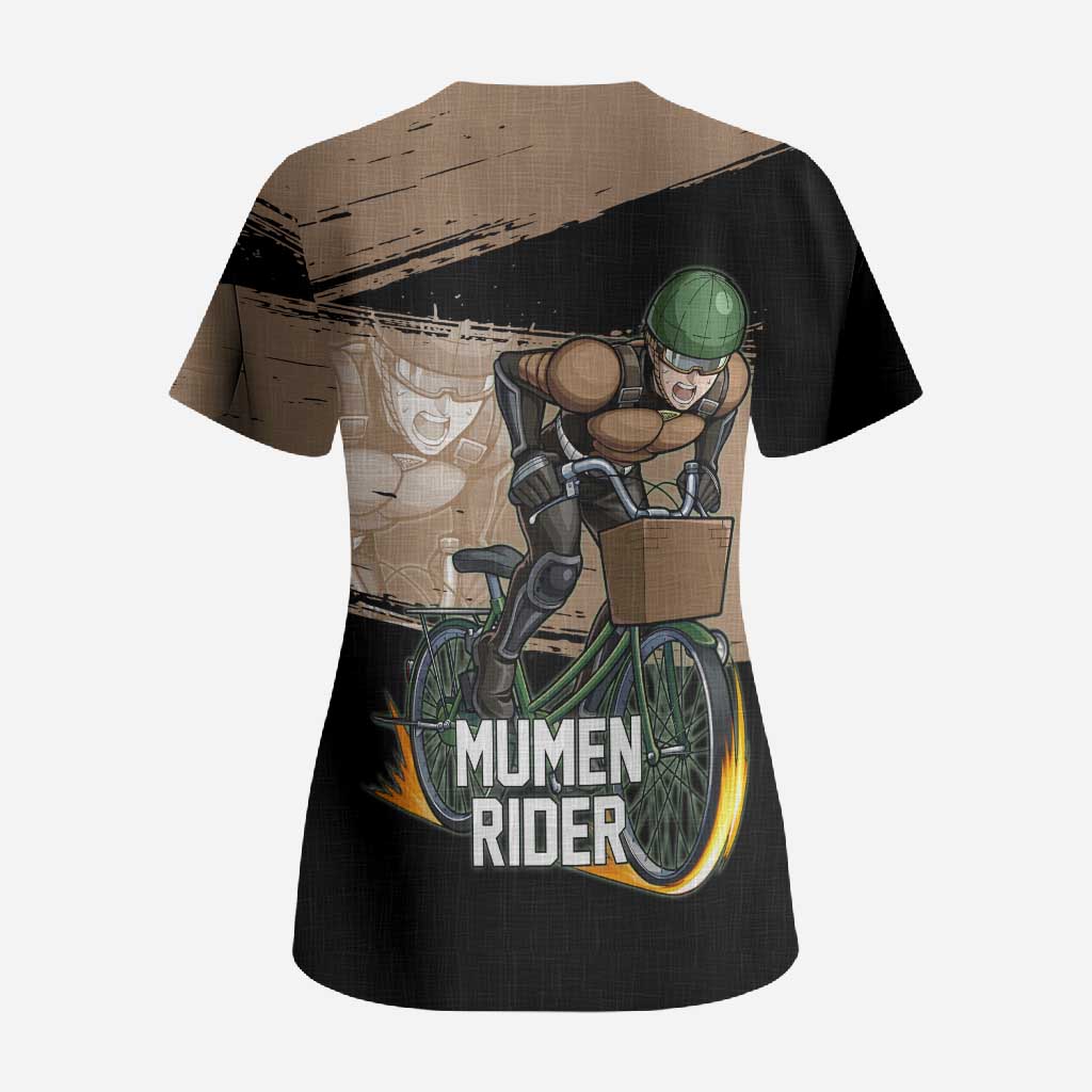 Mumen Rider One Punch Man Anime Brown and Black Scrub Top with Bicycle Hero Pose and Inspirational Determination Design - The Mazicc