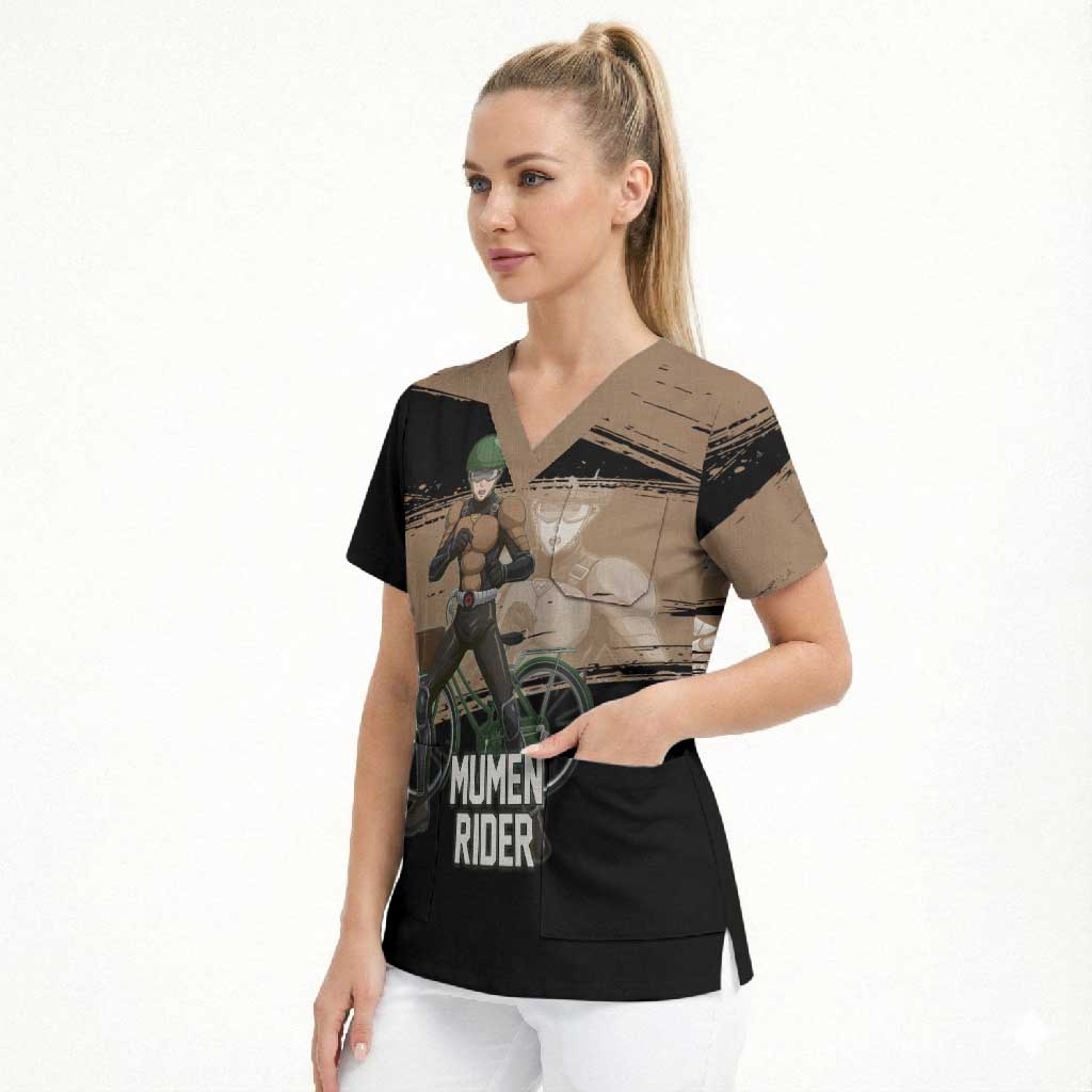 Mumen Rider One Punch Man Anime Brown and Black Scrub Top with Bicycle Hero Pose and Inspirational Determination Design - The Mazicc