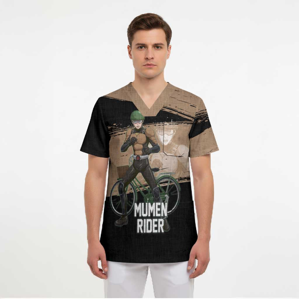Mumen Rider One Punch Man Anime Brown and Black Scrub Top with Bicycle Hero Pose and Inspirational Determination Design - The Mazicc