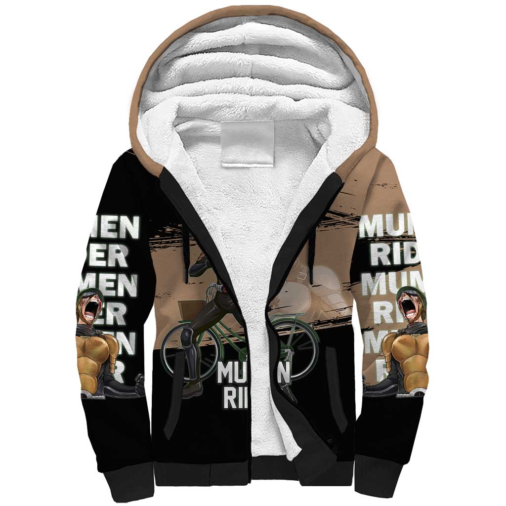 Mumen Rider One Punch Man Anime Brown and Black Sherpa Hoodie with Bicycle Hero Pose and Inspirational Determination Design - The Mazicc
