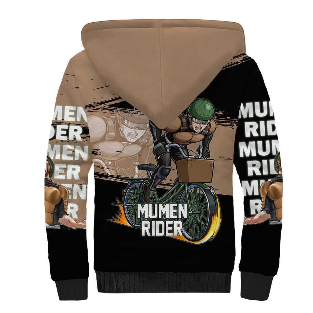 Mumen Rider One Punch Man Anime Brown and Black Sherpa Hoodie with Bicycle Hero Pose and Inspirational Determination Design - The Mazicc