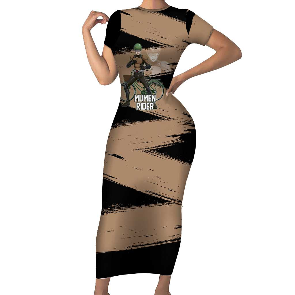 Mumen Rider One Punch Man Anime Brown and Black Short Sleeve Bodycon Dress with Bicycle Hero Pose and Inspirational Determination Design - The Mazicc