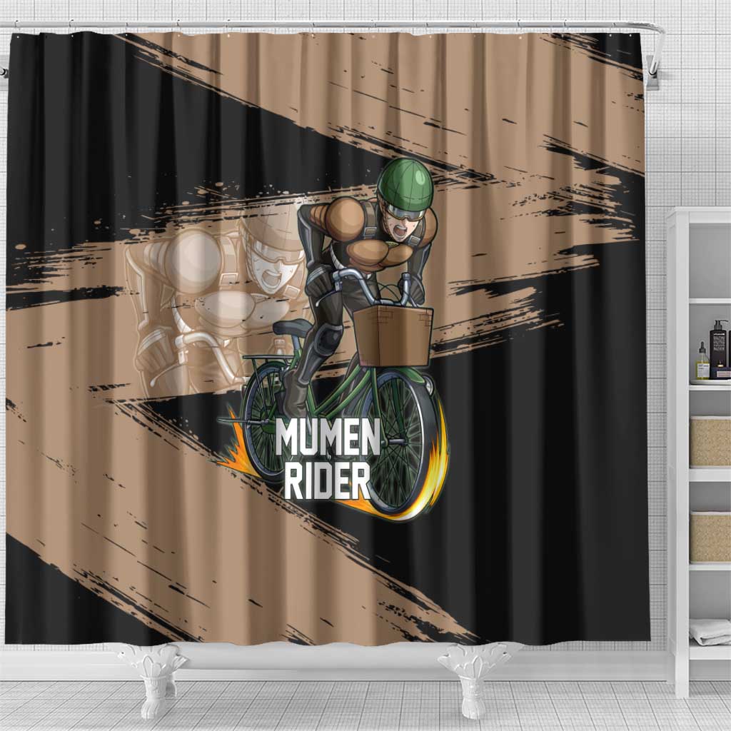 Mumen Rider One Punch Man Anime Brown and Black Shower Curtain with Bicycle Hero Pose and Inspirational Determination Design - The Mazicc