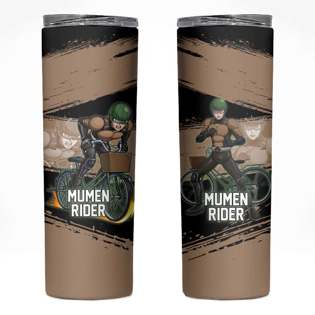Mumen Rider One Punch Man Anime Brown and Black Skinny Tumbler with Bicycle Hero Pose and Inspirational Determination Design - The Mazicc