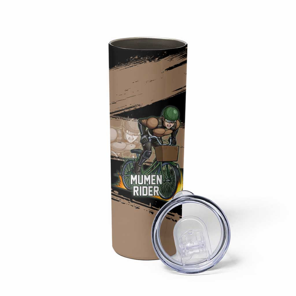 Mumen Rider One Punch Man Anime Brown and Black Skinny Tumbler with Bicycle Hero Pose and Inspirational Determination Design - The Mazicc
