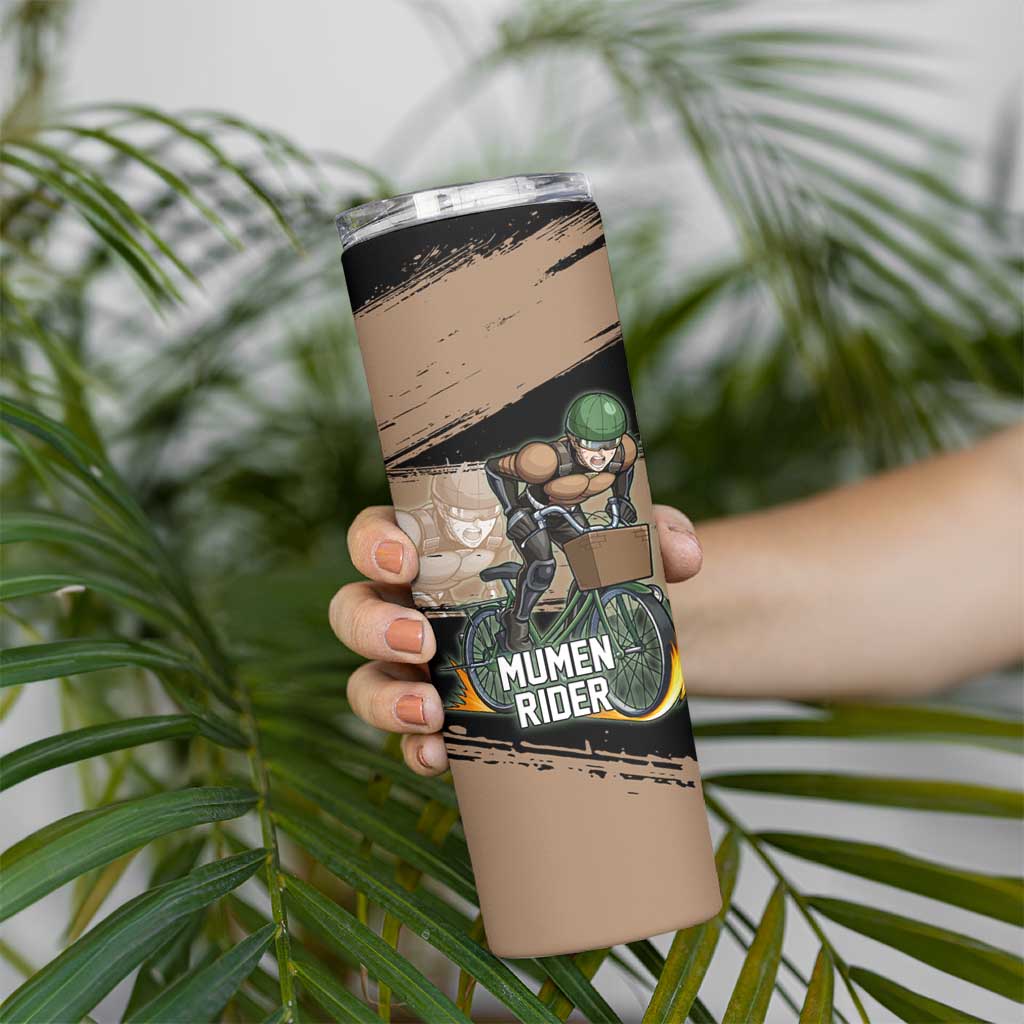 Mumen Rider One Punch Man Anime Brown and Black Skinny Tumbler with Bicycle Hero Pose and Inspirational Determination Design - The Mazicc