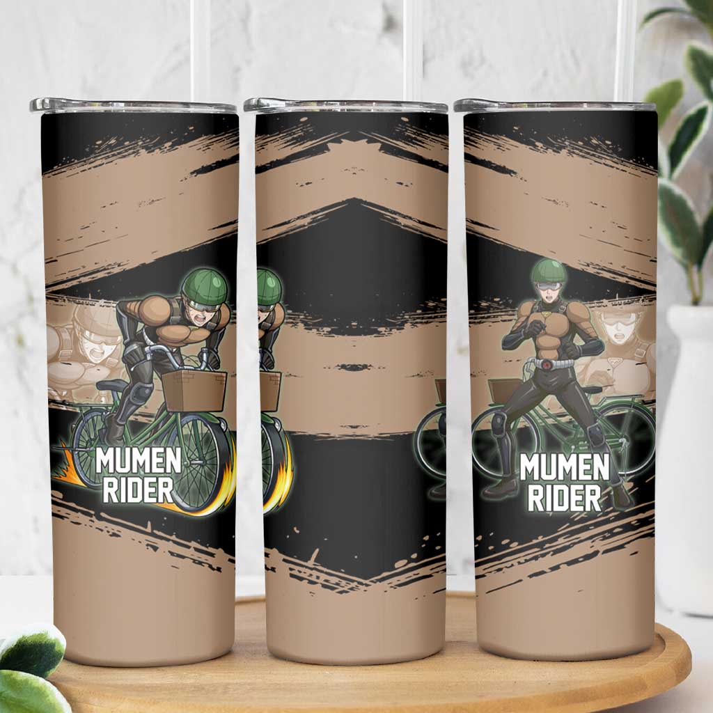 Mumen Rider One Punch Man Anime Brown and Black Skinny Tumbler with Bicycle Hero Pose and Inspirational Determination Design - The Mazicc