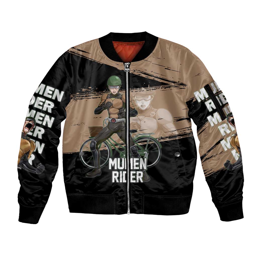 Mumen Rider One Punch Man Anime Brown and Black Sleeve Zip Bomber Jacket with Bicycle Hero Pose and Inspirational Determination Design - The Mazicc