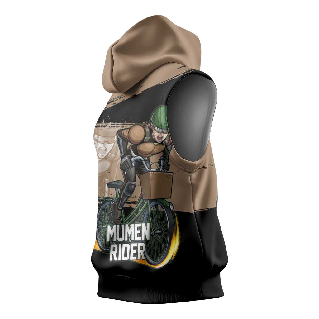 Mumen Rider One Punch Man Anime Brown and Black Sleeveless Hoodie with Bicycle Hero Pose and Inspirational Determination Design - The Mazicc