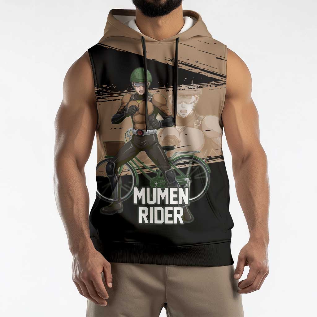Mumen Rider One Punch Man Anime Brown and Black Sleeveless Hoodie with Bicycle Hero Pose and Inspirational Determination Design - The Mazicc
