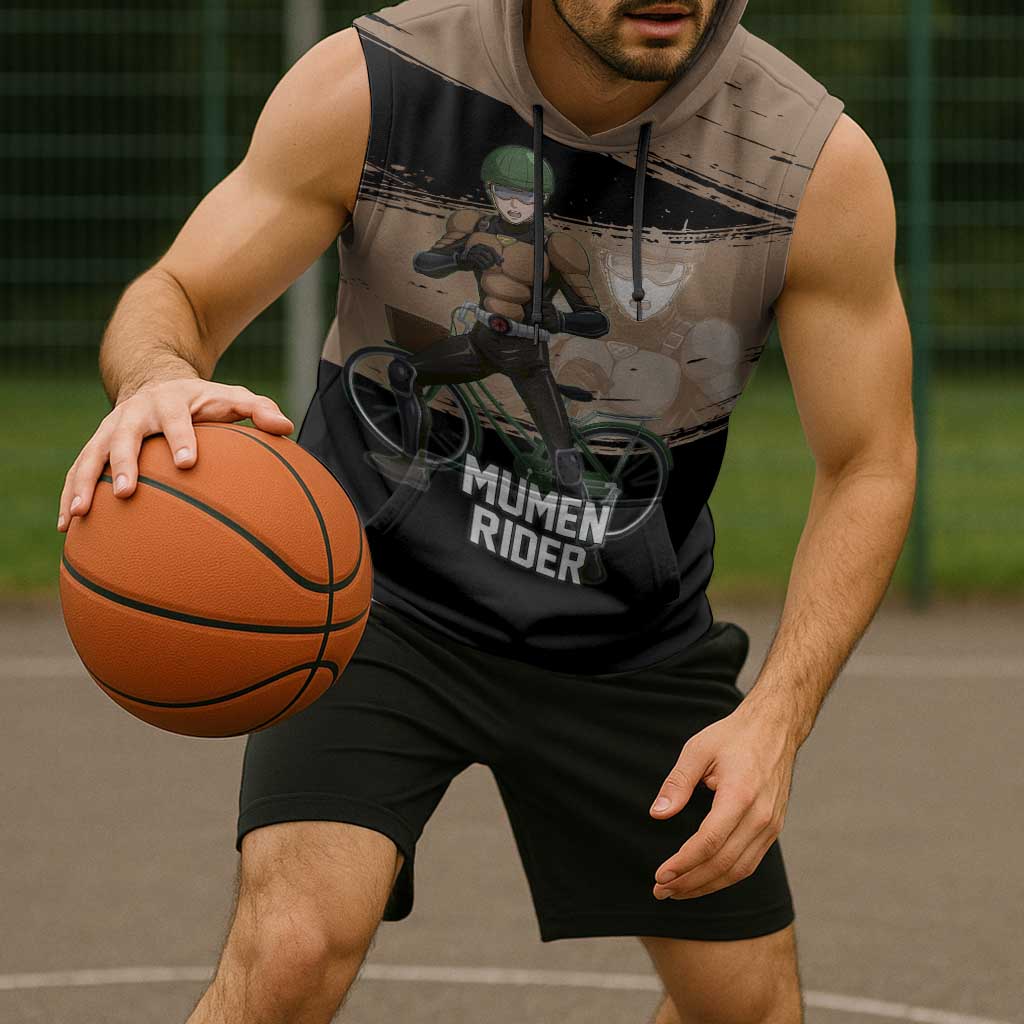Mumen Rider One Punch Man Anime Brown and Black Sleeveless Hoodie with Bicycle Hero Pose and Inspirational Determination Design - The Mazicc