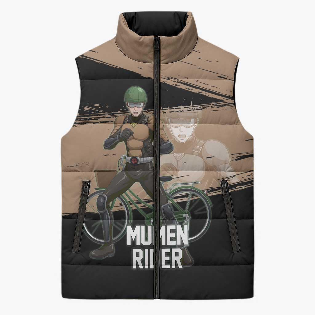 Mumen Rider One Punch Man Anime Brown and Black Sleeveless Puffer Jacket with Bicycle Hero Pose and Inspirational Determination Design - The Mazicc