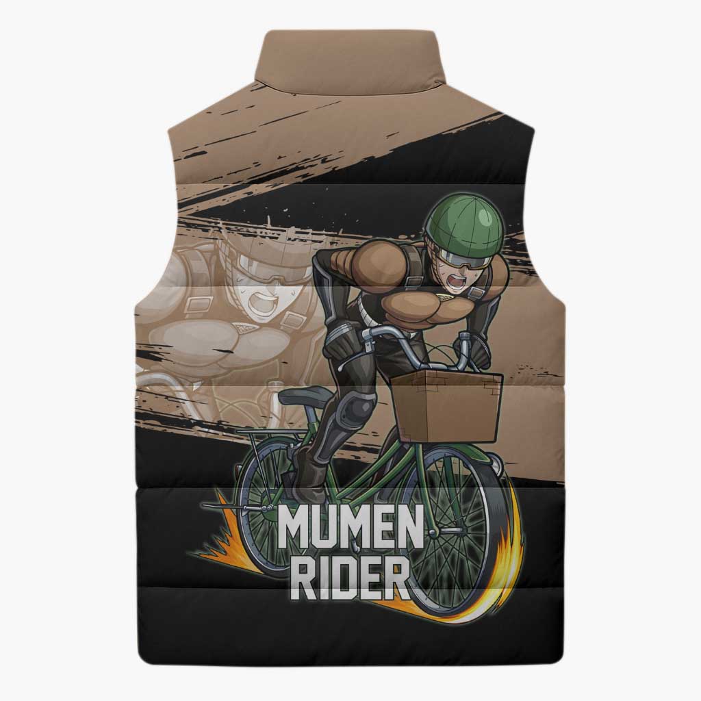 Mumen Rider One Punch Man Anime Brown and Black Sleeveless Puffer Jacket with Bicycle Hero Pose and Inspirational Determination Design - The Mazicc