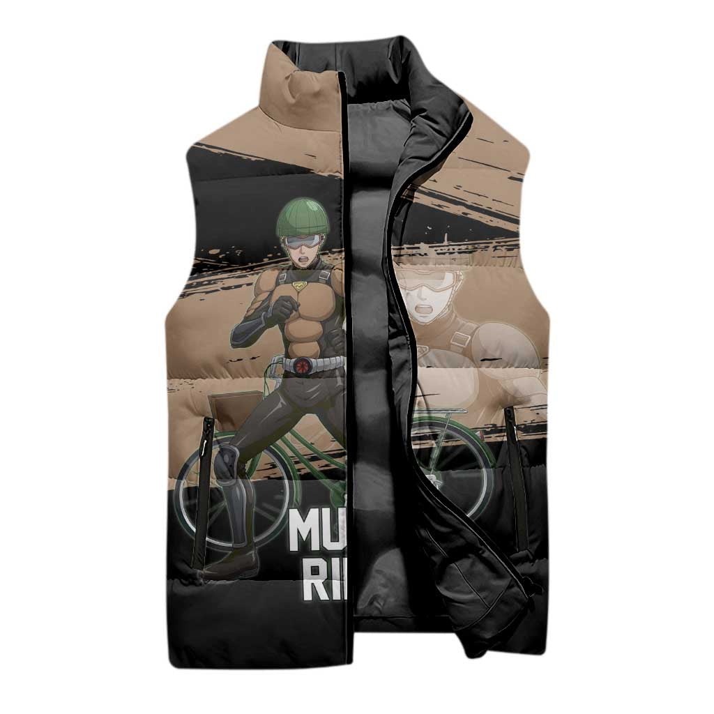 Mumen Rider One Punch Man Anime Brown and Black Sleeveless Puffer Jacket with Bicycle Hero Pose and Inspirational Determination Design - The Mazicc