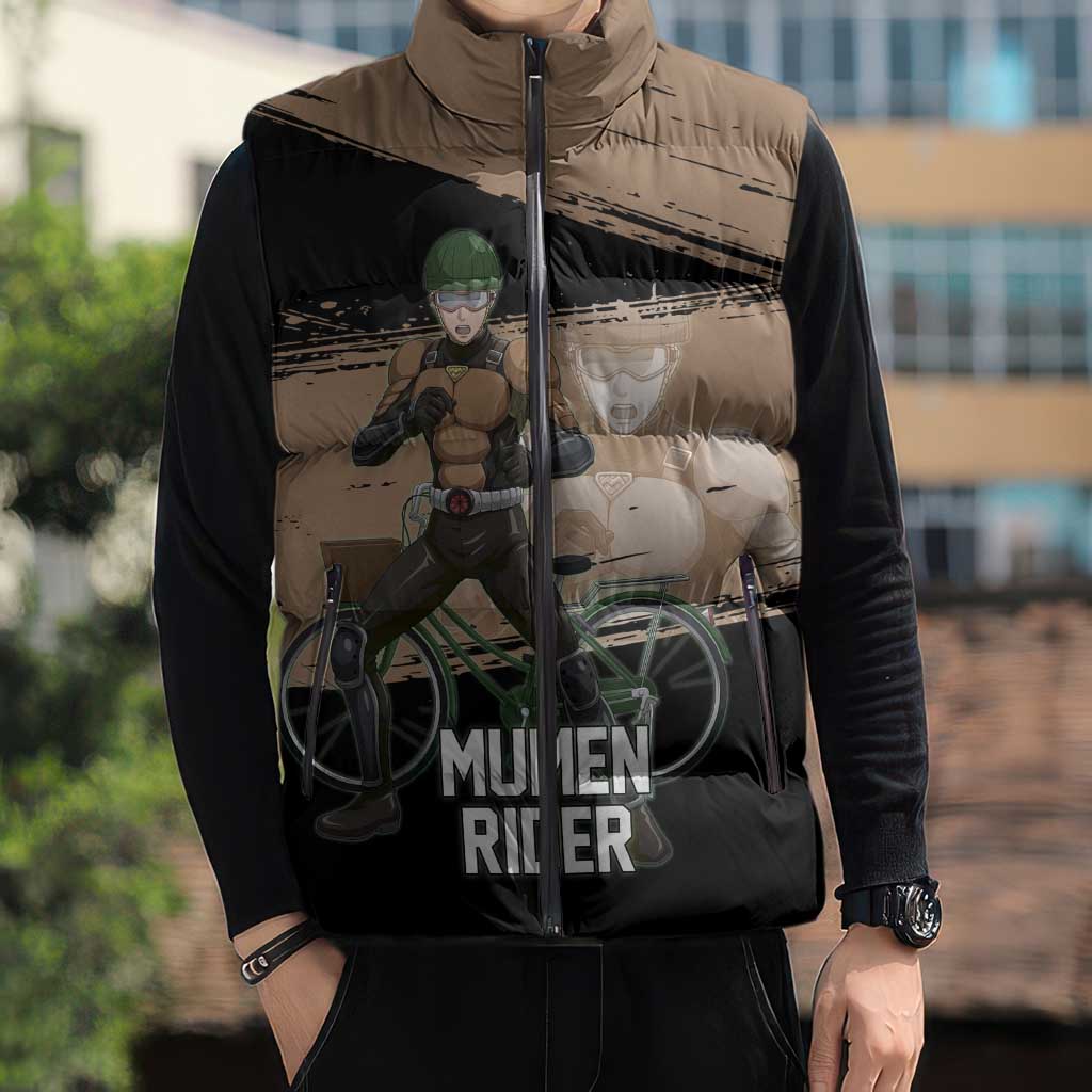 Mumen Rider One Punch Man Anime Brown and Black Sleeveless Puffer Jacket with Bicycle Hero Pose and Inspirational Determination Design - The Mazicc