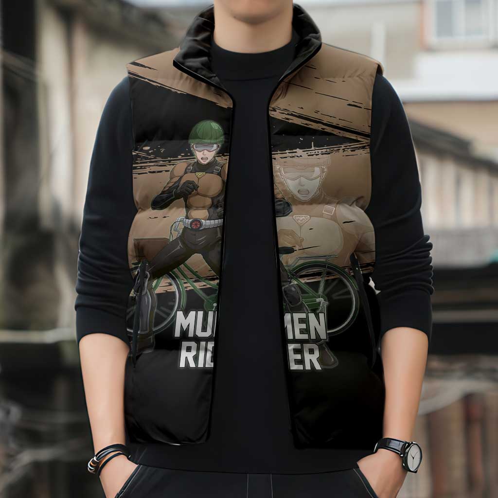 Mumen Rider One Punch Man Anime Brown and Black Sleeveless Puffer Jacket with Bicycle Hero Pose and Inspirational Determination Design - The Mazicc