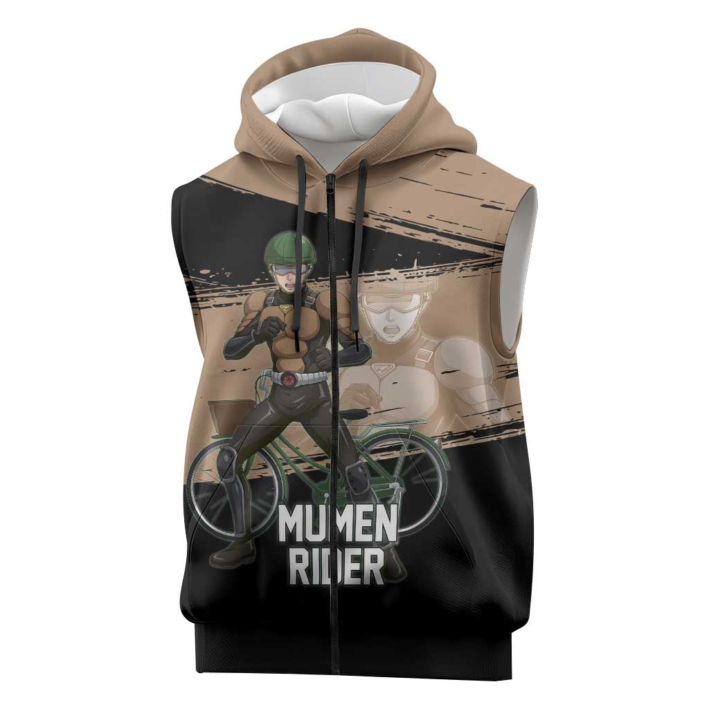Mumen Rider One Punch Man Anime Brown and Black Sleeveless Zip Hoodie with Bicycle Hero Pose and Inspirational Determination Design - The Mazicc