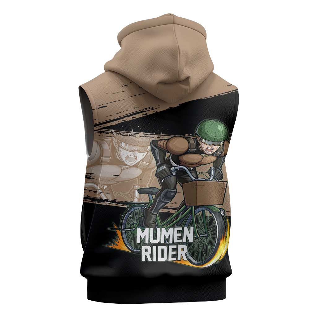 Mumen Rider One Punch Man Anime Brown and Black Sleeveless Zip Hoodie with Bicycle Hero Pose and Inspirational Determination Design - The Mazicc