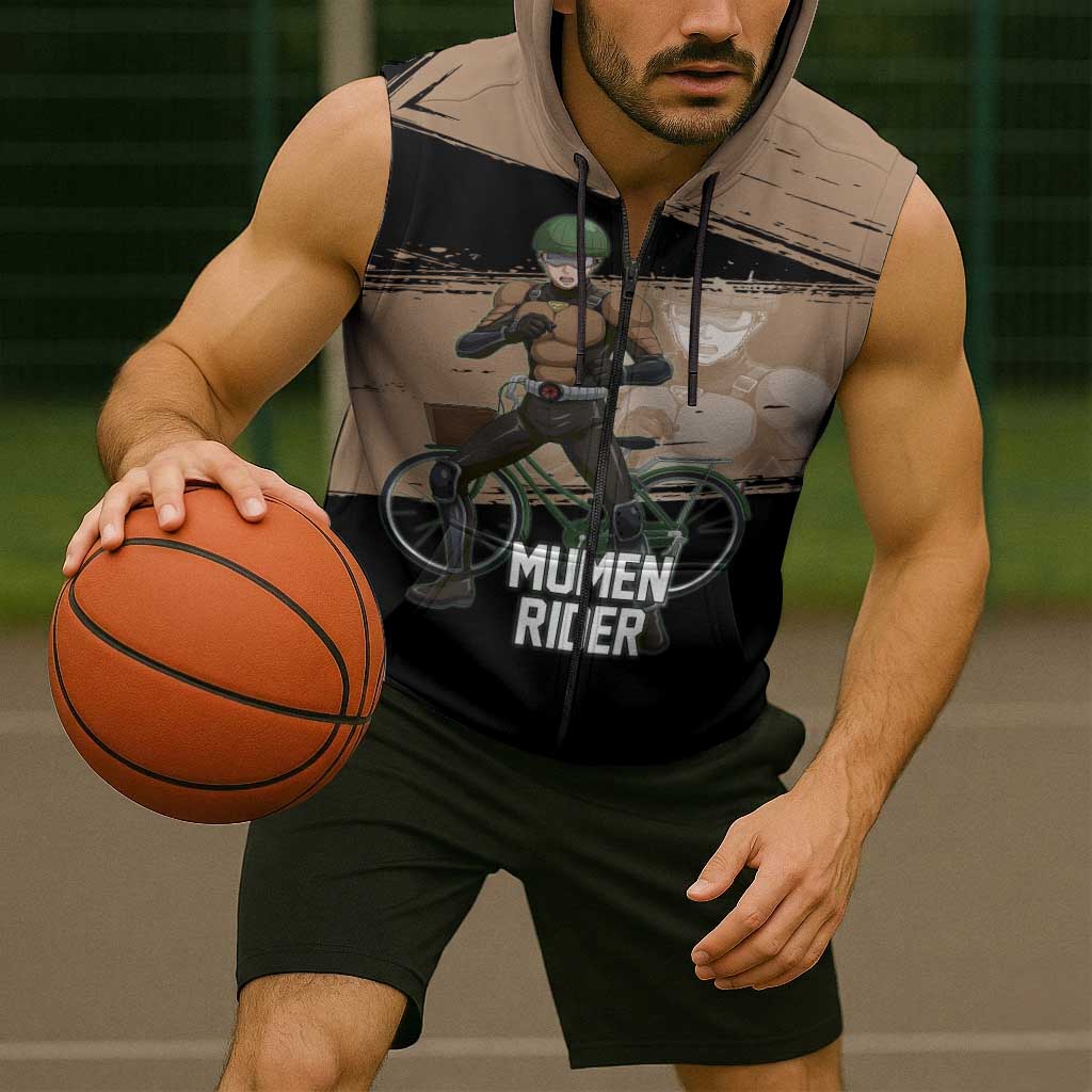 Mumen Rider One Punch Man Anime Brown and Black Sleeveless Zip Hoodie with Bicycle Hero Pose and Inspirational Determination Design - The Mazicc