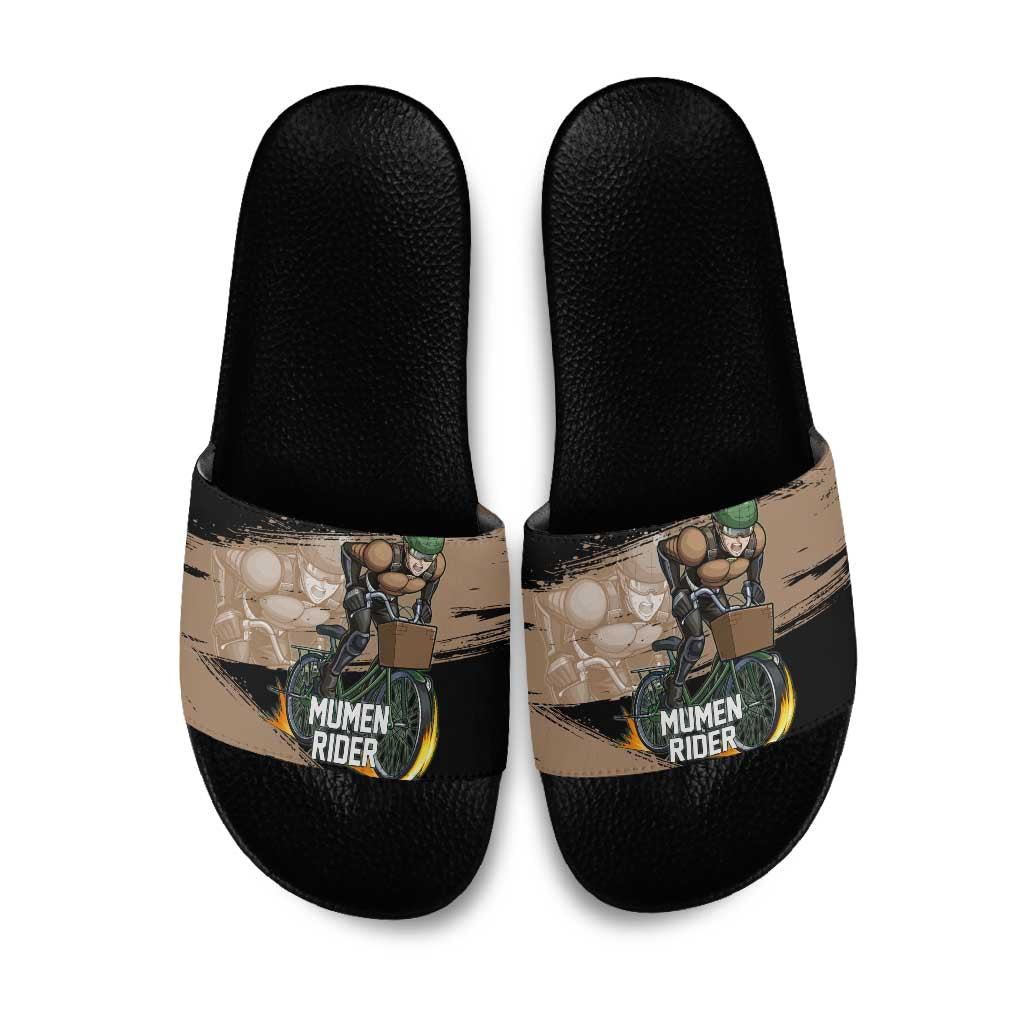 Mumen Rider One Punch Man Anime Brown and Black Slide Sandals with Bicycle Hero Pose and Inspirational Determination Design - The Mazicc