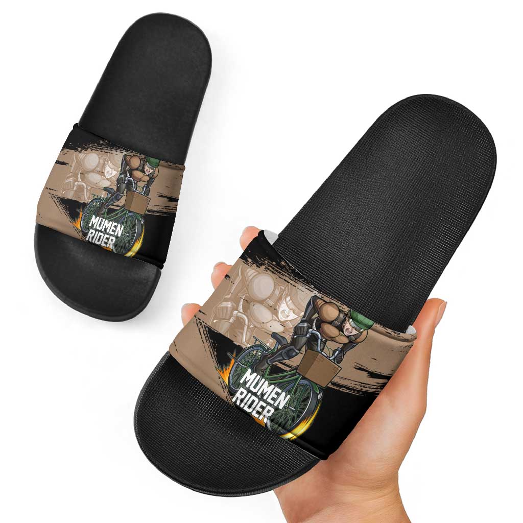 Mumen Rider One Punch Man Anime Brown and Black Slide Sandals with Bicycle Hero Pose and Inspirational Determination Design - The Mazicc