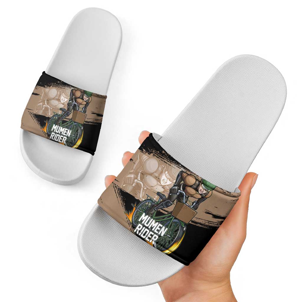 Mumen Rider One Punch Man Anime Brown and Black Slide Sandals with Bicycle Hero Pose and Inspirational Determination Design - The Mazicc