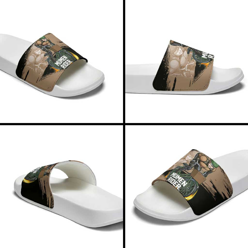Mumen Rider One Punch Man Anime Brown and Black Slide Sandals with Bicycle Hero Pose and Inspirational Determination Design - The Mazicc