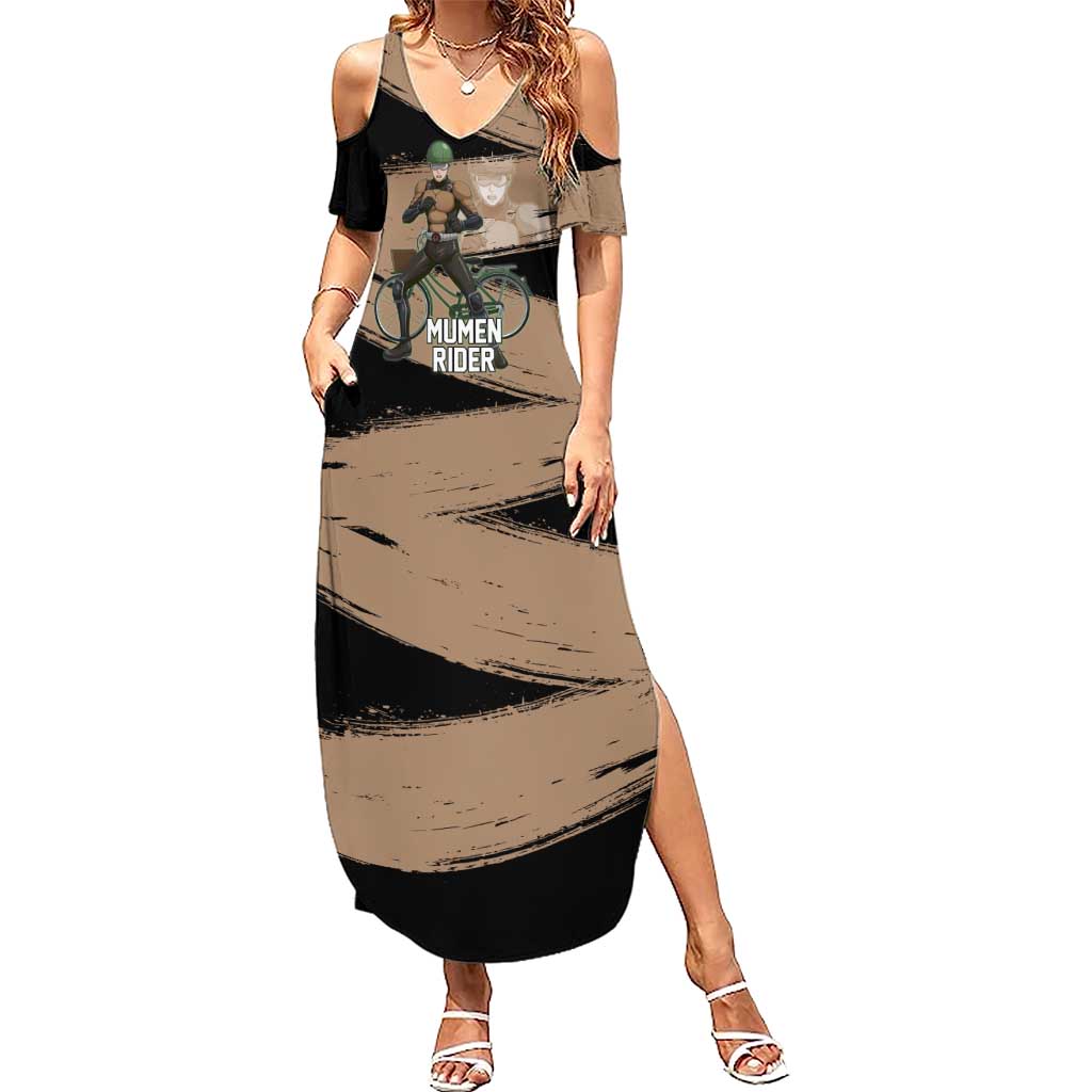 Mumen Rider One Punch Man Anime Brown and Black Summer Maxi Dress with Bicycle Hero Pose and Inspirational Determination Design - The Mazicc